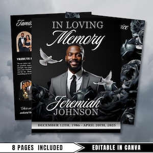 Black & Silver Funeral Program Template: 8-Page Memorial (Canva Template, PDF Download)