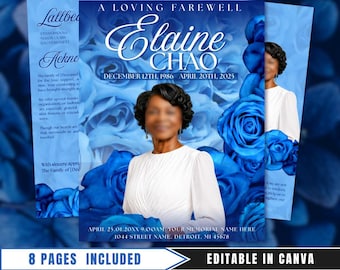 May include: A blue floral memorial announcement with the text "A Loving Farewell Elaine Chao". The announcement includes the dates December 12th, 1986 - April 20th, 2025. The words "8 Pages Included" and "Editable in Canva" are also visible.