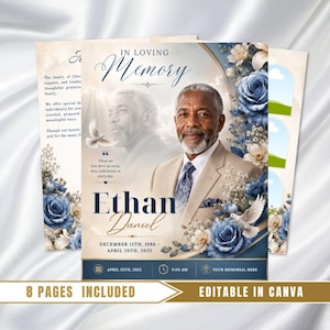Plantilla de programa funerario de rosas azules y blancas: Memorial de 8 páginas (Descarga en PDF de Canva)
