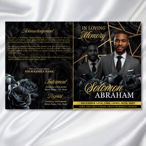 May include: A black and gold memorial program. The front cover displays a photograph of a man in a suit, the words "In Loving Memory," and the name "Solomon Abraham." The program includes details about acknowledgements, interment, and repast.