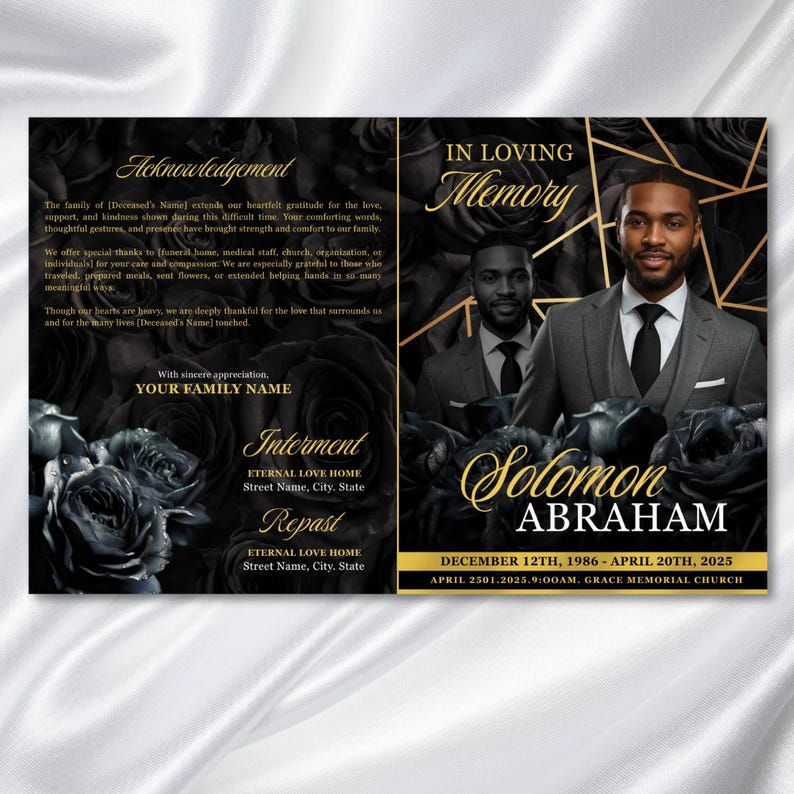 May include: A black and gold memorial program. The front cover displays a photograph of a man in a suit, the words "In Loving Memory," and the name "Solomon Abraham." The program includes details about acknowledgements, interment, and repast.