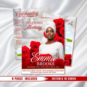 Plantilla de programa funerario de Rosas Rojas: Memorial de 8 páginas (Canva PDF)