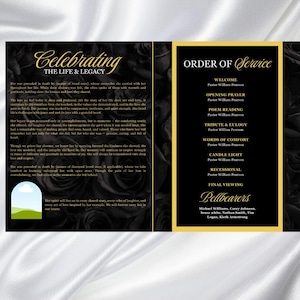 May include: A memorial service program with a black rose design. The program features the title "Celebrating The Life & Legacy" and an order of service with names. The program also includes a poem and a list of pallbearers.