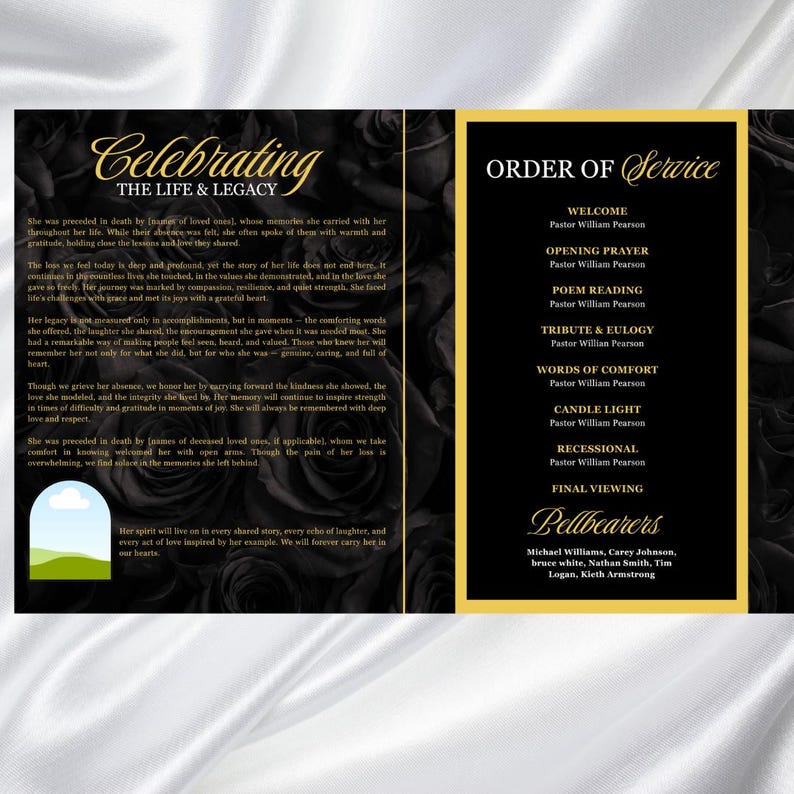 May include: A memorial service program with a black rose design. The program features the title "Celebrating The Life & Legacy" and an order of service with names. The program also includes a poem and a list of pallbearers.