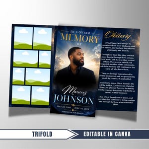 Könnte beinhalten: Eine dreifach gefaltete Trauerprogramm-Vorlage mit dunkelblauem Himmelshintergrund und goldenem Licht. Die Vorderseite zeigt das Porträt eines Mannes, den Text IN LOVING MEMORY OF, den Namen Marcus Johnson und Daten. Die Innenseiten enthalten Platzhalter für Fotos.