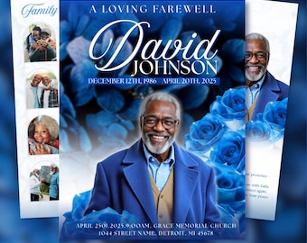 Blue Roses Funeral Program Template: 8-Page Memorial (Canva PDF)