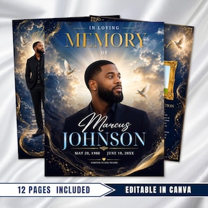 May include: A funeral program template featuring a portrait of a man in a black suit against a blue sky with clouds, golden light, and white doves. The text reads IN LOVING MEMORY OF MARCUS JOHNSON, MAY 20, 1988 - JUNE 10, 20XX, FOREVER IN OUR HEARTS.