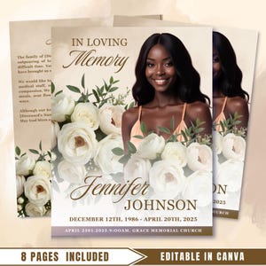 Beige & Gold Funeral Program Template: Roses Design (Canva, 17x11, PDF Download)