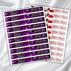 May include: Two sheets of memorial stickers. One sheet features purple floral designs, a photo, and the text "In Loving Memory" and "Amelia Ava." The other sheet has red roses, a photo, and the text "Emma Brooks."