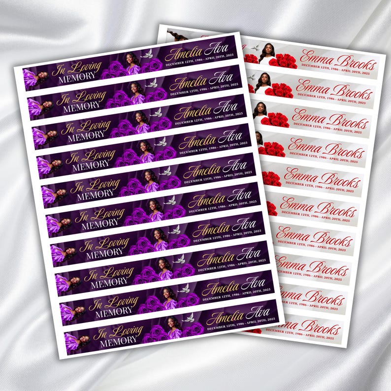 May include: Two sheets of memorial stickers. One sheet features purple floral designs, a photo, and the text "In Loving Memory" and "Amelia Ava." The other sheet has red roses, a photo, and the text "Emma Brooks."