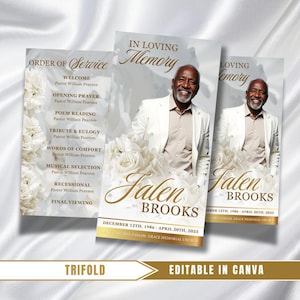 May include: A trifold memorial service program with a photo of a smiling man in a white suit. The program includes the text "In Loving Memory" and "Falen Brooks" with dates and a church name. The program also includes the text "Order of Service" and "Editable in Canva."