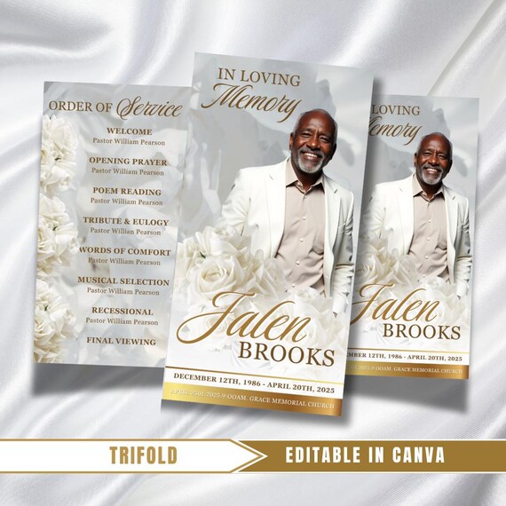 White Roses & Gold Funeral Program: Trifold Memorial Template (17x11 Canva Template)