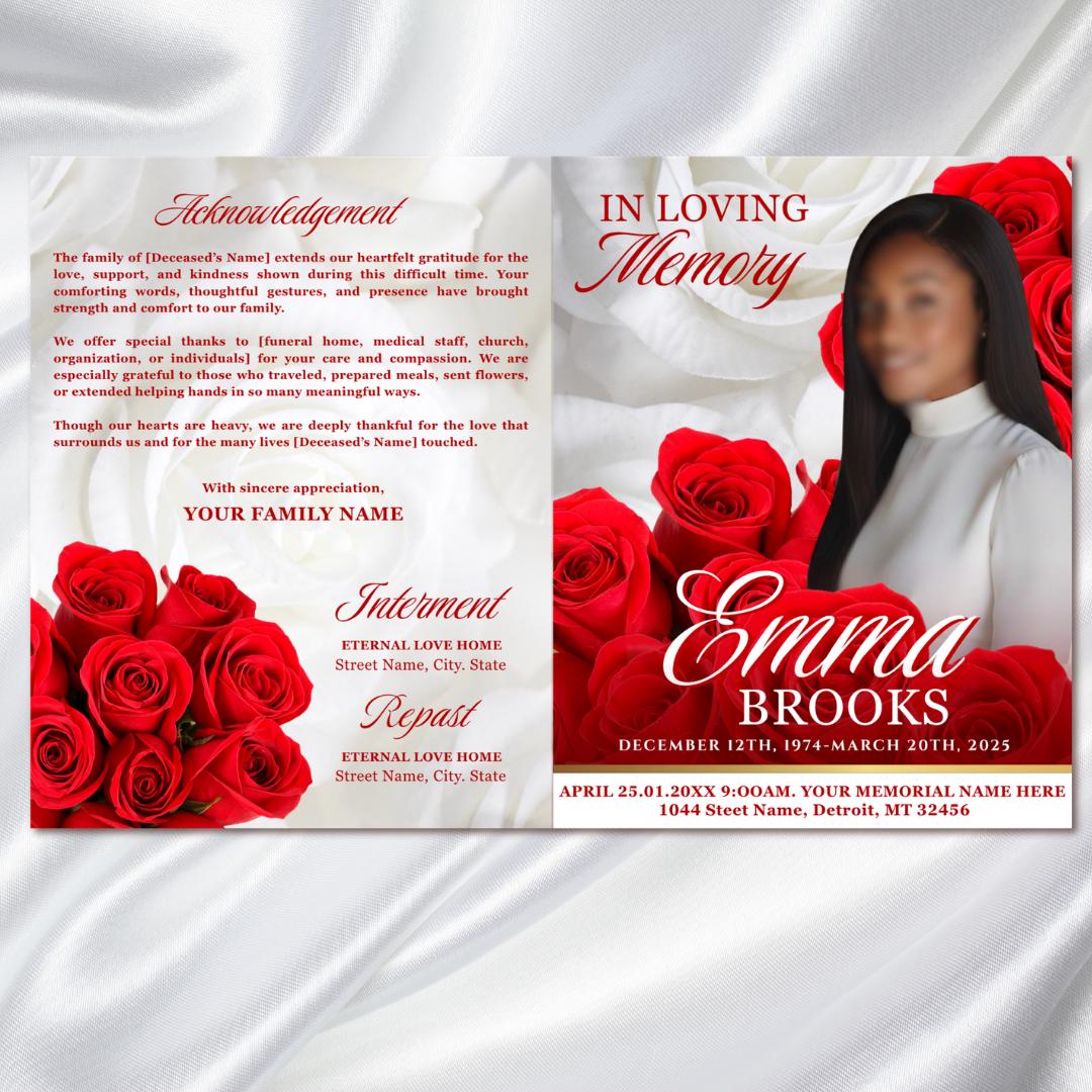 Red Roses Funeral Program Template: 8-page Memorial (canva PDF) - Etsy
