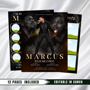 May include: A funeral program template featuring a black background with gold text and a central image of a person singing into a microphone. The design includes placeholders for photos, the name Marcus Elijah Cole, dates, and event details in white.