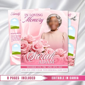 May include: A pink memorial program with the words "In Loving Memory" and the name "Sarah Adam". The design includes pink roses, a photo, and the dates December 12th, 1986 - April 20th, 2025. The text "8 Pages Included" is also visible.