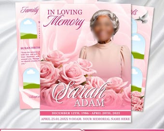 Pink Roses Funeral Program Template: 8-Page Memorial, Celebration of Life (Canva Template, PDF Download)