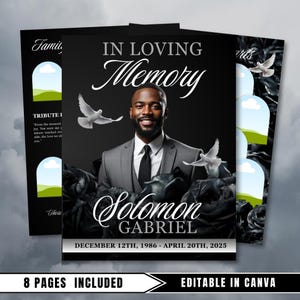 May include: Black memorial card design with the text "In Loving Memory" and the name "Solomon Gabriel." The design includes a photo of a man, doves, and black roses. The card also includes the dates December 12th, 1986 - April 20th, 2025.