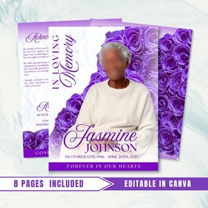 Könnte beinhalten: Ein Gedenkkartendesign mit einem lila und weißen Farbschema. Das Design umfasst ein Foto, florale Akzente und den Text "In Loving Memory" und "Forever in Our Hearts". Die Karte ist in Canva bearbeitbar und enthält 8 Seiten.