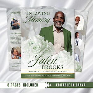 May include: A memorial card design with the text "In Loving Memory" and "Jalen Brooks." The design includes a photo of a man in a green jacket, white roses, and additional photos. The card includes the dates December 12th, 1986 - April 20th, 2025.