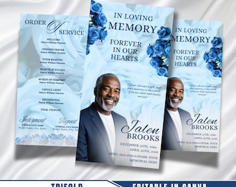 Light Blue Roses Funeral Program: Trifold Memorial Template (17x11 Canva Template)
