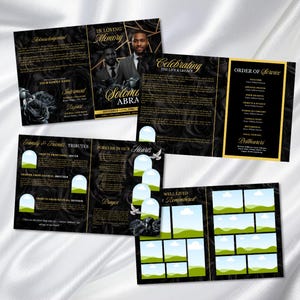 May include: A black and gold funeral program with a floral rose design. The program includes the text "In Loving Memory", "Celebrating The Life & Legacy", and "Order of Service". The program also includes photos and text.