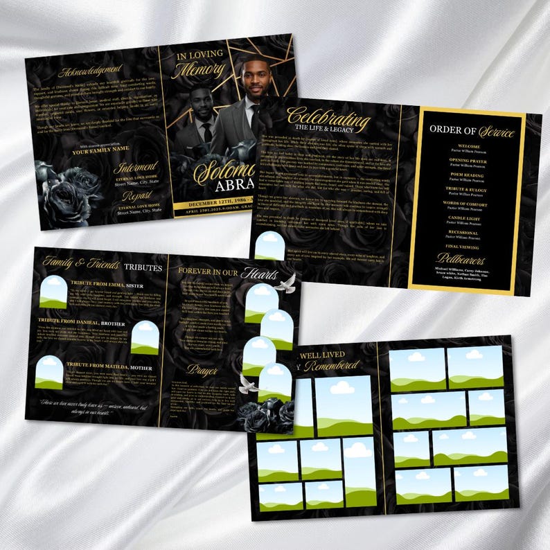 May include: A black and gold funeral program with a floral rose design. The program includes the text "In Loving Memory", "Celebrating The Life & Legacy", and "Order of Service". The program also includes photos and text.