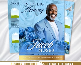 Blue Roses Funeral Program Template: 8-Page Memorial (Canva PDF Download)