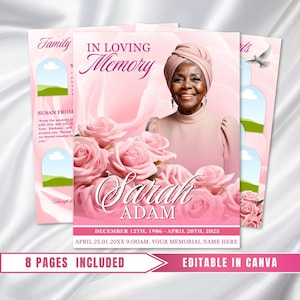 Modello di programma funebre Pink Roses: memoriale di 8 pagine, celebrazione della vita (modello Canva, download PDF)