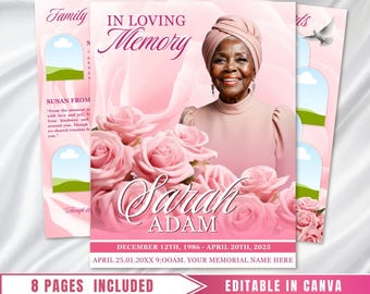 Plantilla de programa funerario de rosas rosadas: Memorial de 8 páginas, celebración de la vida (plantilla de Canva, descarga en PDF)