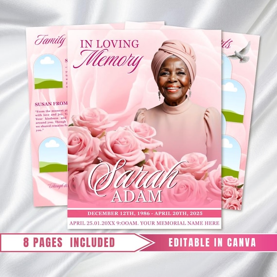 Pink Roses Funeral Program Template: 8-Page Memorial, Celebration of Life (Canva Template, PDF Download)