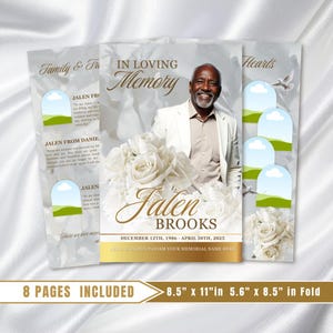 Plantilla de programa funerario de rosas de oro blanco: Memorial de 8 páginas (Canva PDF)