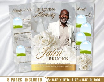 White Gold Roses Funeral Program Template: 8-Page Memorial (Canva PDF)