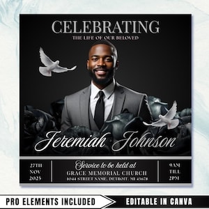 Black Rose Funeral Announcement Flyer: Obituary, Celebration of Life (Canva Template PDF)