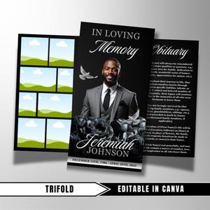 May include: A black trifold memorial card with the text "In Loving Memory" and "Obituary". The card features a photo of a man in a suit, doves, and the name "Jeremiah Johnson". The dates "December 12th, 1986 - April 20th, 2025" are also included.