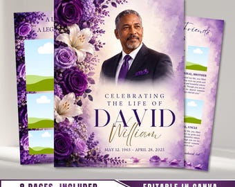 Purple & White Roses Funeral Program Template: 8-Page Memorial (Canva PDF)