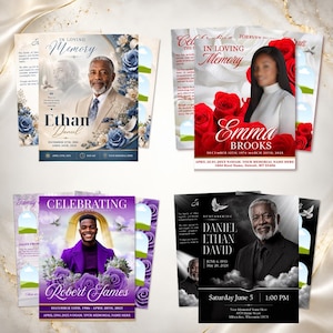 May include: Four funeral program templates featuring portraits of individuals, floral accents in blue, red, and purple, and text including In Loving Memory, Celebrating, and Remembering, with names like Ethan Daniel, Emma Brooks, Robert James, and Daniel Ethan David.