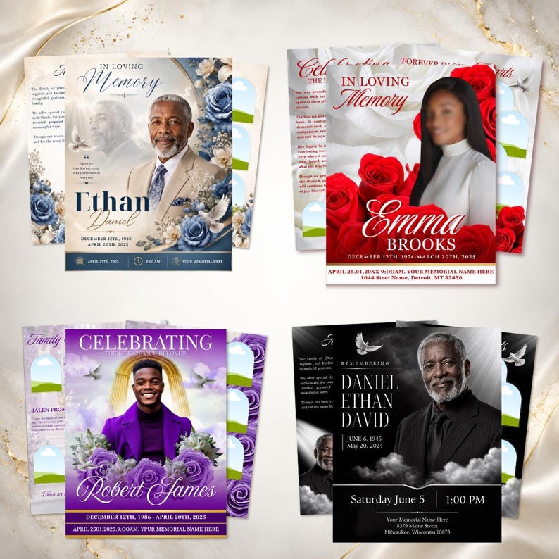 May include: Four funeral program templates featuring portraits of individuals, floral accents in blue, red, and purple, and text including In Loving Memory, Celebrating, and Remembering, with names like Ethan Daniel, Emma Brooks, Robert James, and Daniel Ethan David.