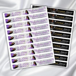 May include: Sheets of memorial labels featuring the names Sophia Brooks and Jeremiah Johnson. The Sophia Brooks labels are purple and grey with a photo, floral accents, and the text "In Loving Memory." The Jeremiah Johnson labels are black and gold.