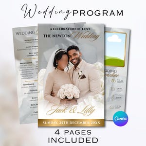 Puede incluir: Una plantilla de programa de boda de cuatro páginas con una fotografía de una pareja en traje formal. La portada muestra el texto A CELEBRATION OF LOVE, THE NEWTON Wedding, Jack & Lilly, y SUNDAY, 25TH DECEMBER 20XX, con detalles florales.