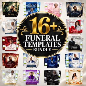 May include: A collection of 16+ funeral program templates featuring various designs with floral accents, doves, and memorial text. The central graphic displays the gold and black text 16+ FUNERAL TEMPLATES BUNDLE, showcasing diverse layouts for memorial services.