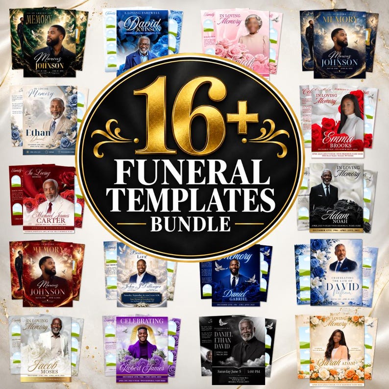 May include: A collection of 16+ funeral program templates featuring various designs with floral accents, doves, and memorial text. The central graphic displays the gold and black text 16+ FUNERAL TEMPLATES BUNDLE, showcasing diverse layouts for memorial services.