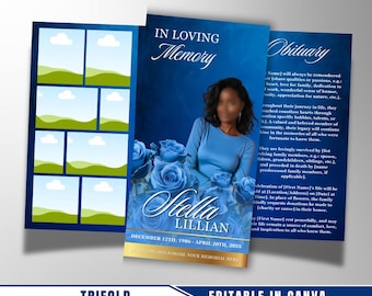 Blue & Gold Roses Funeral Program: Trifold Memorial Template (17x11 Canva Template)
