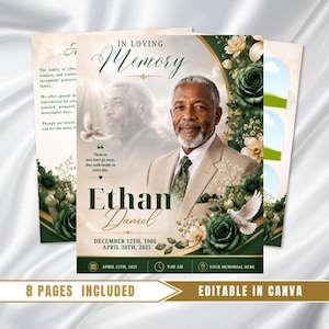 Könnte beinhalten: Eine Trauerprogramm-Vorlage mit dem Porträt eines älteren Mannes im beigen Anzug, verziert mit dunkelgrünen Rosen, weißen Blumen und fliegenden Tauben. Der Text lautet In Loving Memory, Ethan Daniel, 12. Dezember 1986 - 20. April 2025.
