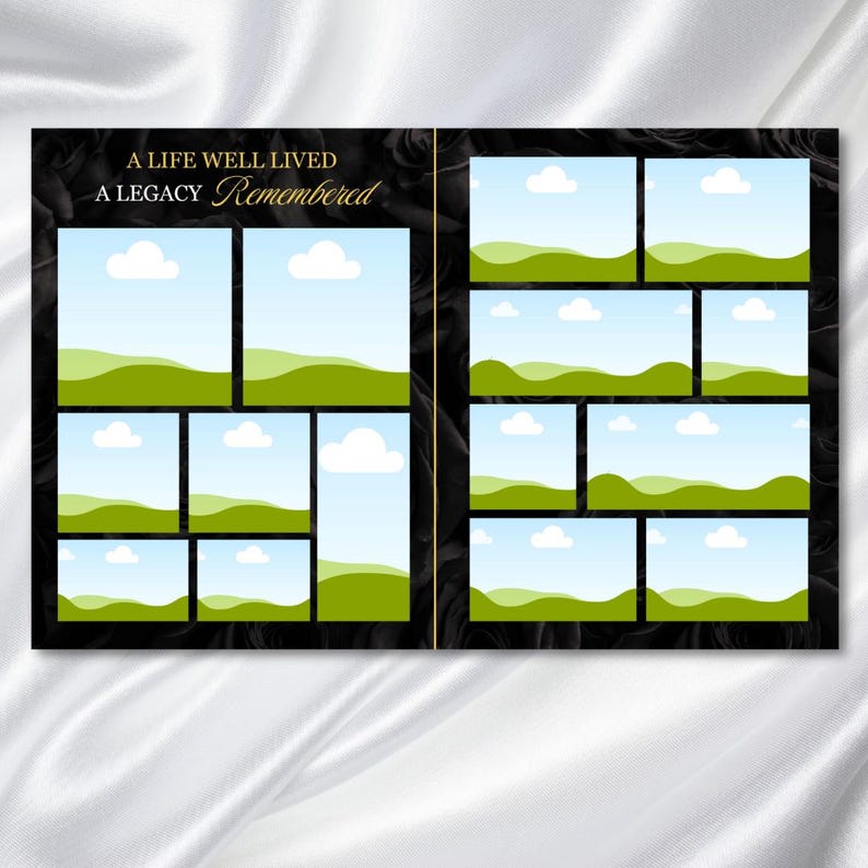 May include: A two-page layout with a black marble-like background. The text "A LIFE WELL LIVED, A LEGACY Remembered" is in gold. Each page has multiple rectangular photo placeholders with a blue sky and green hills.