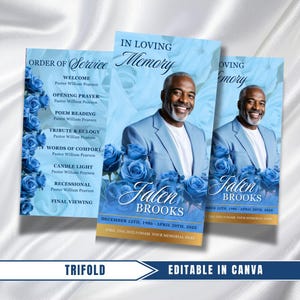 May include: A funeral program trifold featuring a light blue background with blue roses. The cover displays a portrait of a man, the text In Loving Memory, and the name Jalen Brooks. The interior lists an Order of Service with various segments.
