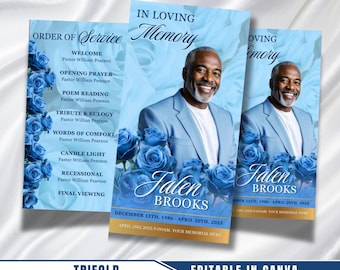 Light Blue & Gold Roses Funeral Program: Trifold Memorial Template (17x11 Canva Template)