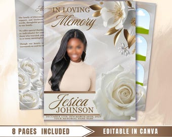 White Gold Roses Funeral Program Template: 8-Page Memorial (Canva PDF)
