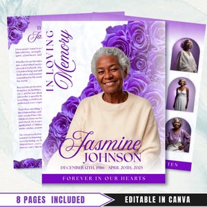 8 Page Purple Roses Lilac Funeral Program, 17" X 11" Obituary Program Template Memorial Program Celebration Of Life Program In Loving Memory