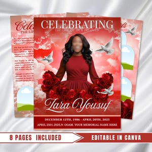 May include: A memorial program with a red and white color scheme. The cover features a woman in a red dress surrounded by red roses and doves. Text includes "Celebrating the Life of Our Beloved" and the name "Zara Yousuf".
