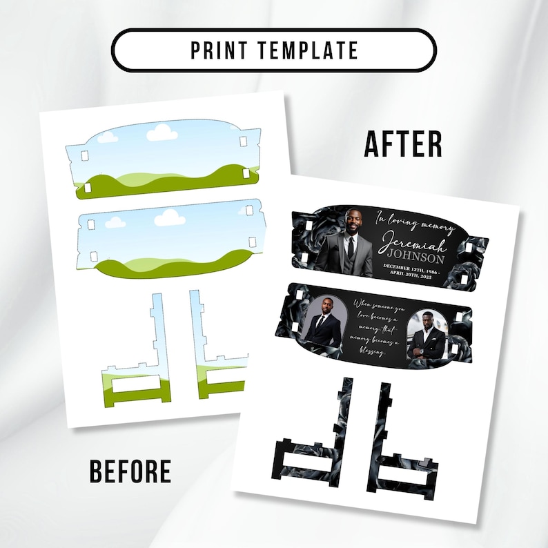 Puede incluir: Un dise&ntilde;o de plantilla de impresi&oacute;n con el texto "PRINT TEMPLATE" en la parte superior. El dise&ntilde;o "BEFORE" muestra un paisaje con cielo azul y colinas verdes. El dise&ntilde;o "AFTER" presenta un dise&ntilde;o conmemorativo con una foto y el texto "In loving memory Jeremiah JOHNSON".